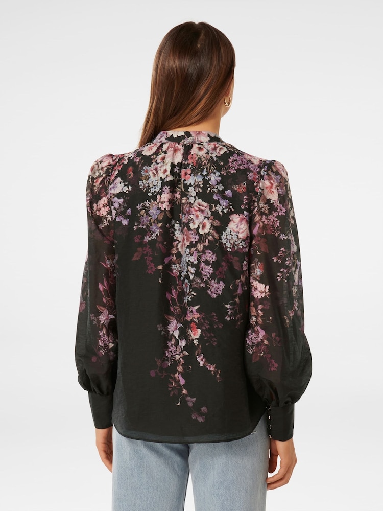 Forever New Black Parker Placement Print Top With a Touch of Linen - Image 2 of 4