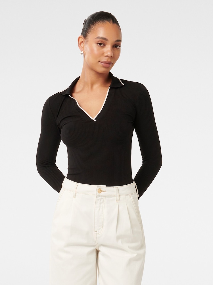 Forever New Black Reina Tipped Long Sleeves Polo Top - Image 1 of 4