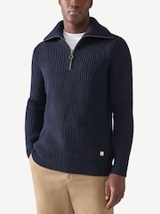 Armor Lux Navy Blue Quarter Zip Fisherman Knit Jumper - Image 1 of 9