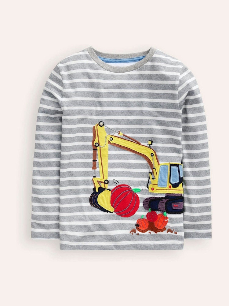 Boden Grey Lift-The-Flap Pumpkin Digger 100% Cotton T-Shirt - Image 1 of 3 Boden Grey Lift-The-Flap Pumpkin Digger 100% Cotton T-Shirt - Image 1 of 3