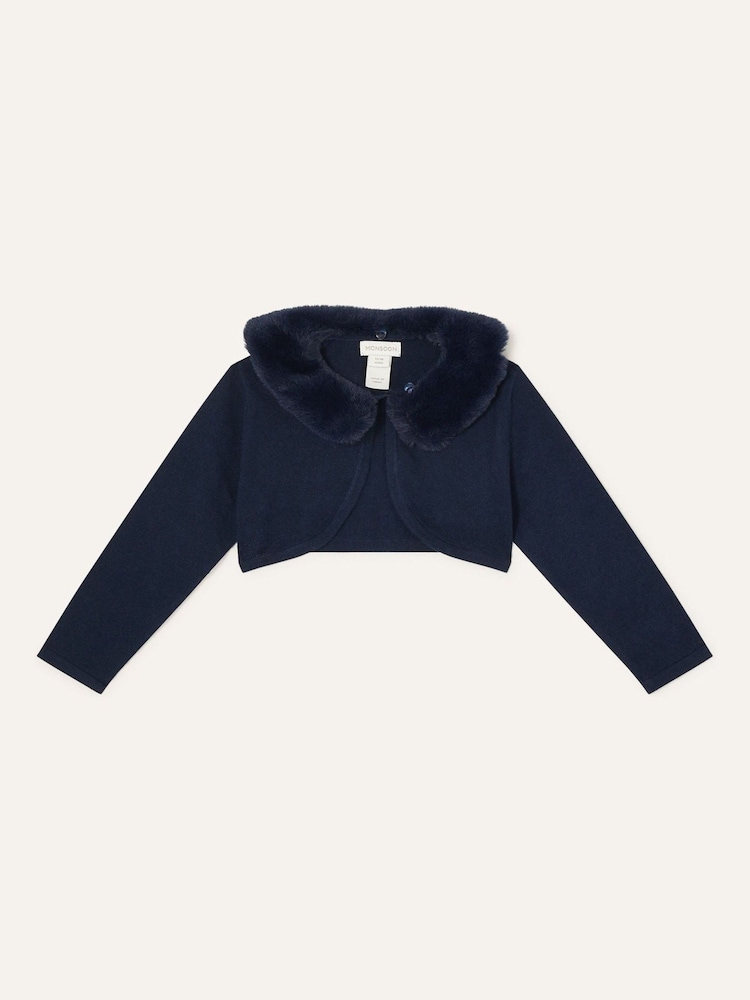 Monsoon Blue Baby Fluffy Collar Super-Soft Cardigan - Image 1 of 4