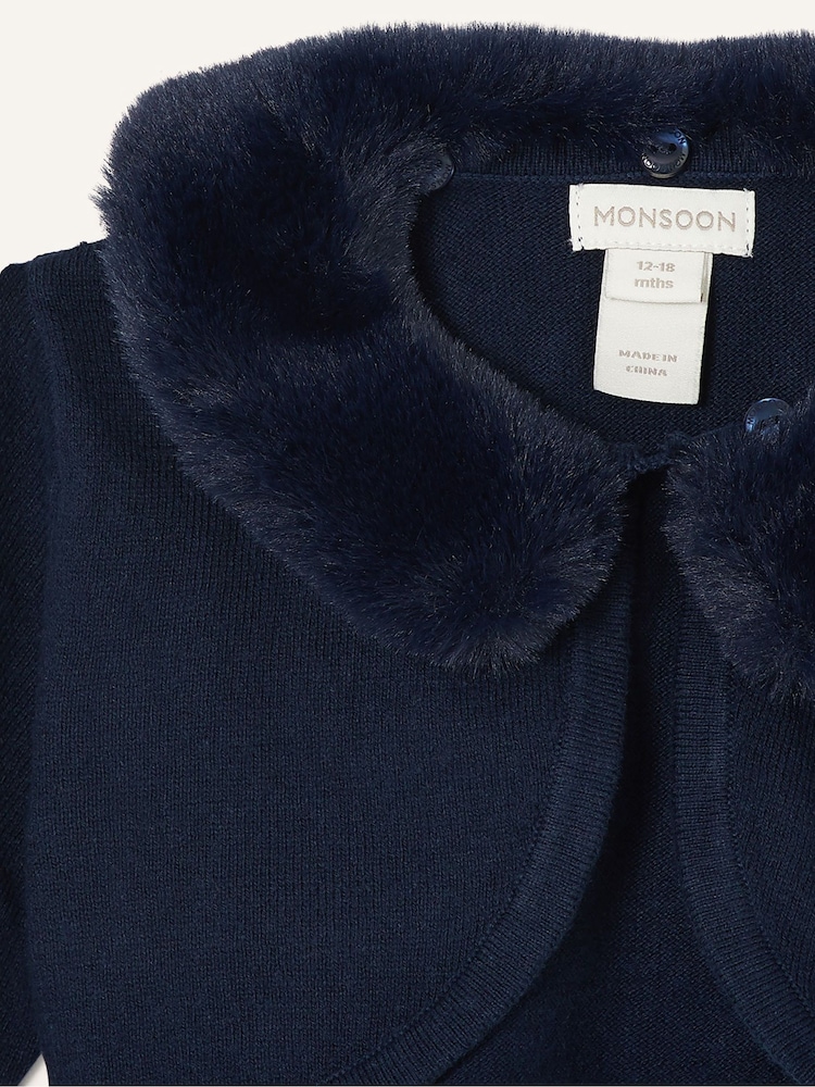 Monsoon Blue Baby Fluffy Collar Super-Soft Cardigan - Image 4 of 4