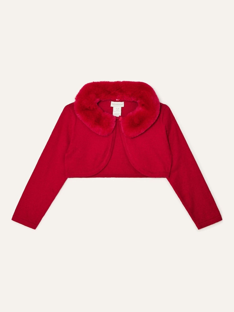 Monsoon Red Baby Fluffy Collar Super-Soft Cardigan - Image 1 of 3