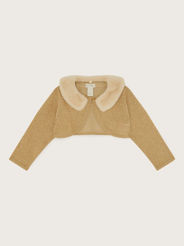 Monsoon Gold Baby Fluffy Collar Super-Soft Cardigan - Image 1 of 3