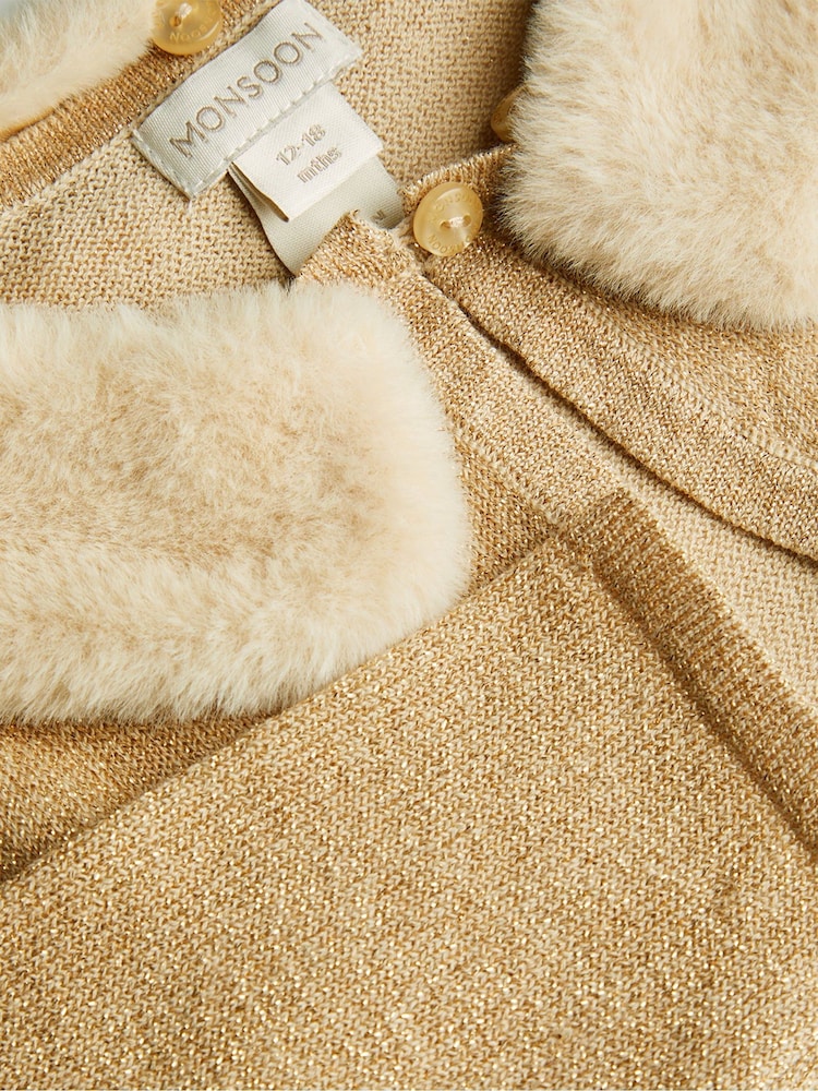 Monsoon Gold Baby Fluffy Collar Super-Soft Cardigan - Image 3 of 3