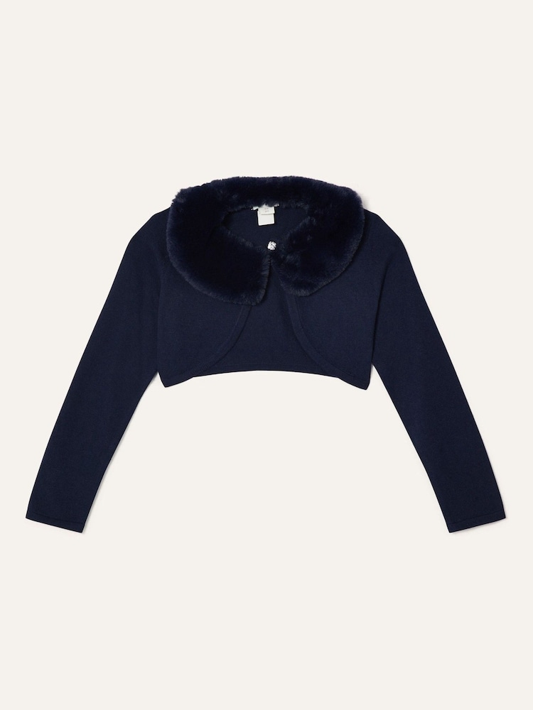 Monsoon Blue Supersoft Faux Fur Collar 100% Cotton Cardigan - Image 1 of 3