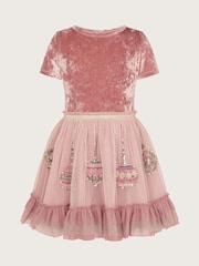 Monsoon Pink Short Sleeve Velvet Christmas Bauble Dress - Image 1 of 3