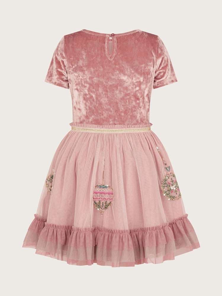Monsoon Pink Short Sleeve Velvet Christmas Bauble Dress - Image 2 of 3