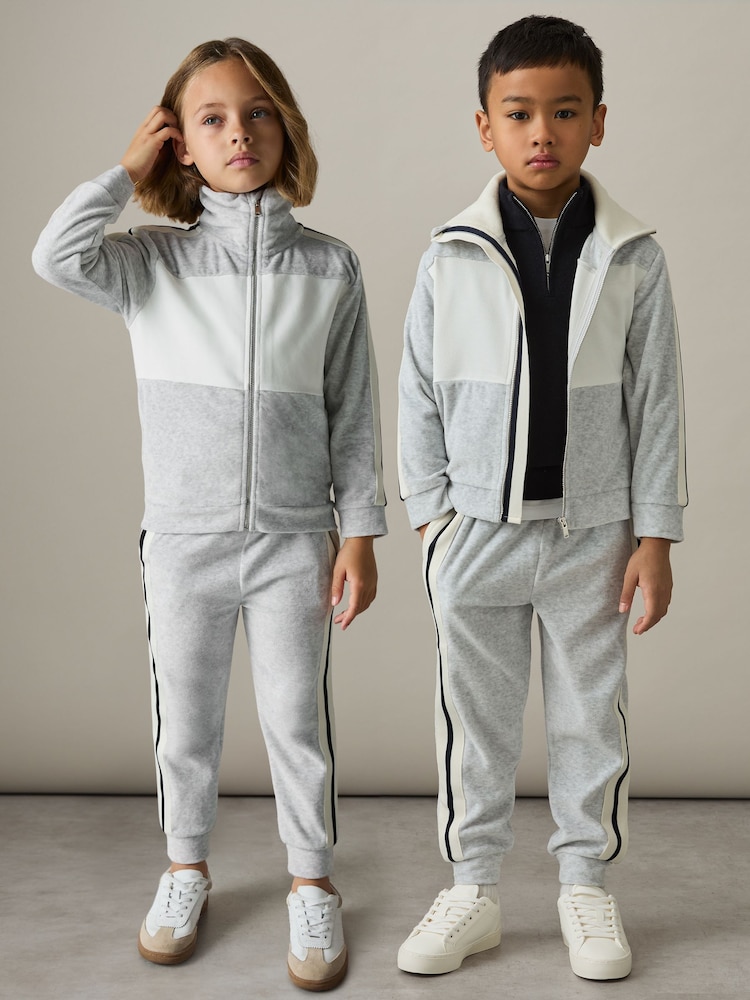 Reiss Grey Chance 4-9 yrs Velour Side-Stripe Tracksuit Joggers - Image 1 of 5