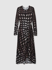 Reiss Black Halle Houndstooth-Print Ruched Midi Dress - Image 2 of 6