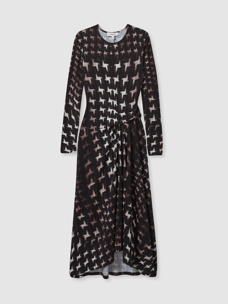 Reiss Black Halle Houndstooth-Print Ruched Midi Dress - Image 2 of 6