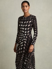 Reiss Black Halle Houndstooth-Print Ruched Midi Dress - Image 3 of 6