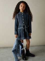 Reiss Blue Leighton 4-9 yrs Chambray Contrast-Stitch Flippy Dress - Image 1 of 4