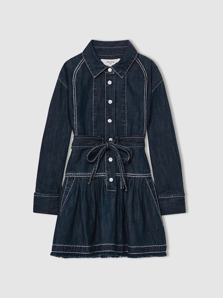 Reiss Blue Leighton 4-9 yrs Chambray Contrast-Stitch Flippy Dress - Image 2 of 4