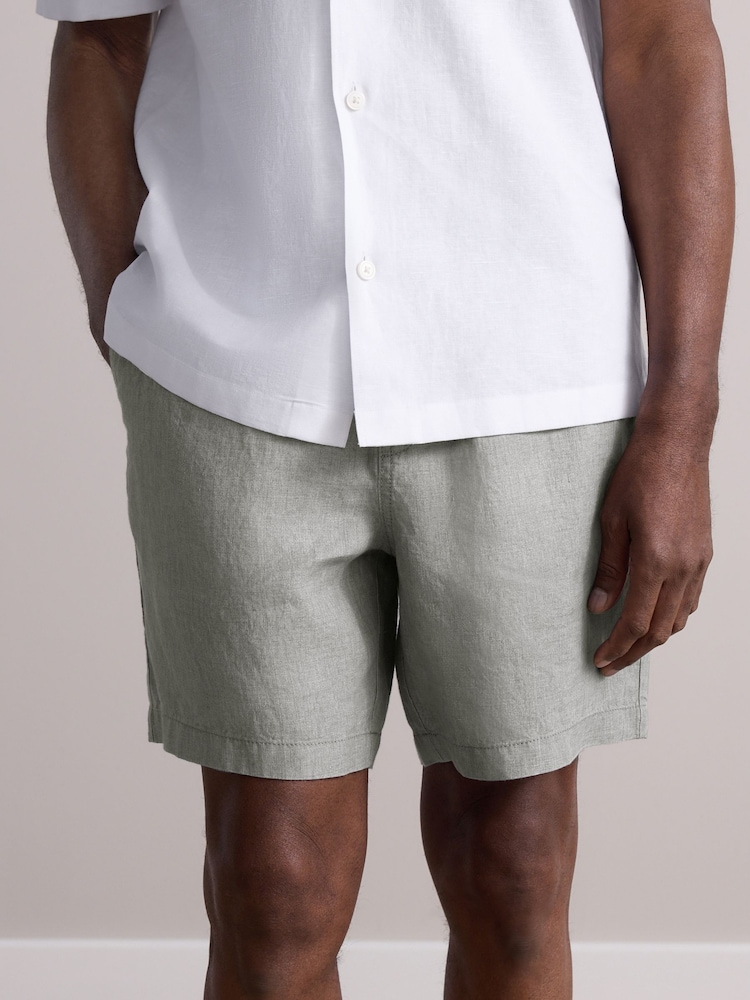 Sage Green 100% Linen Drawstring Waist Shorts - Image 1 of 10