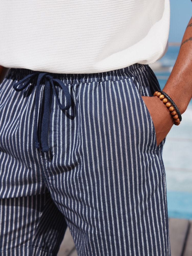 Marineblauw - Gestreepte 100% katoenen shorts met trekkoord in de taille - Image 4 of 9