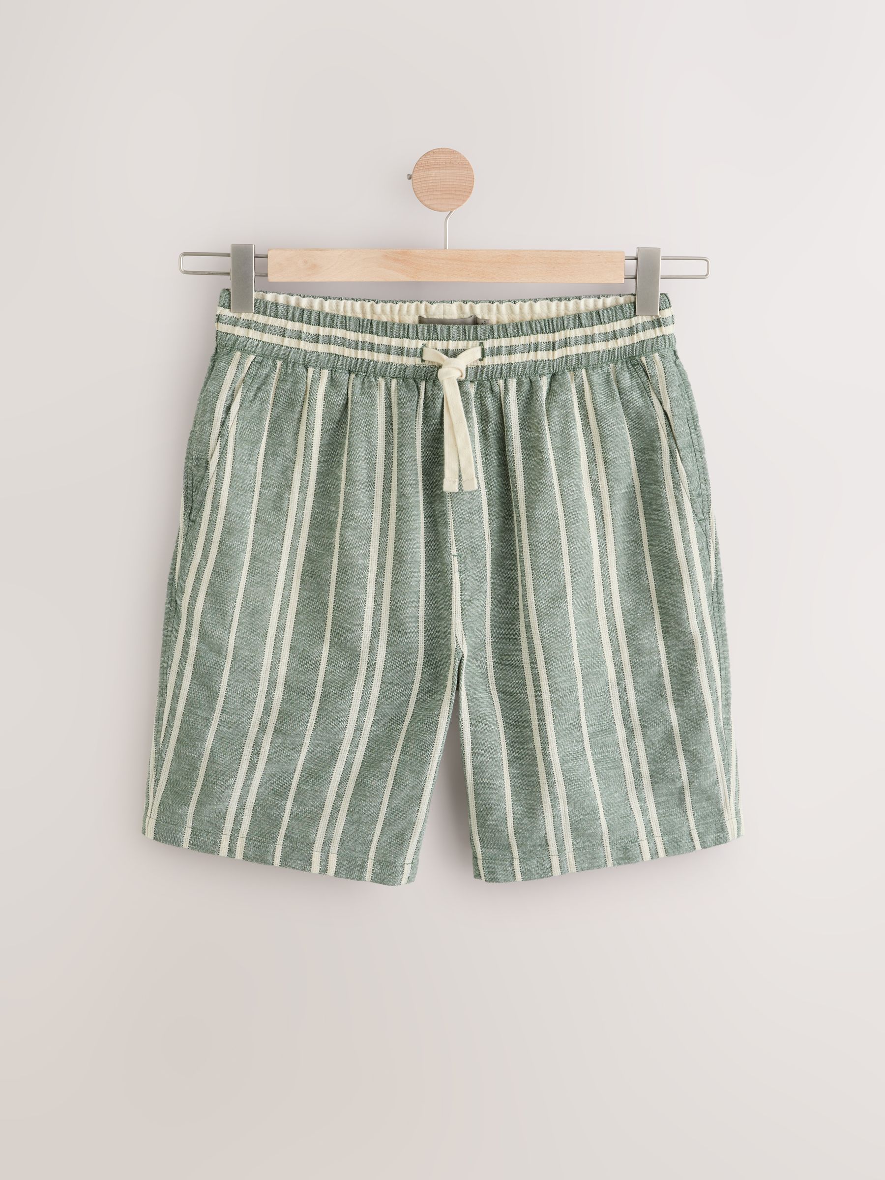 Buy Green Linen Blend Elasticated Waist Stripe Shorts from the
