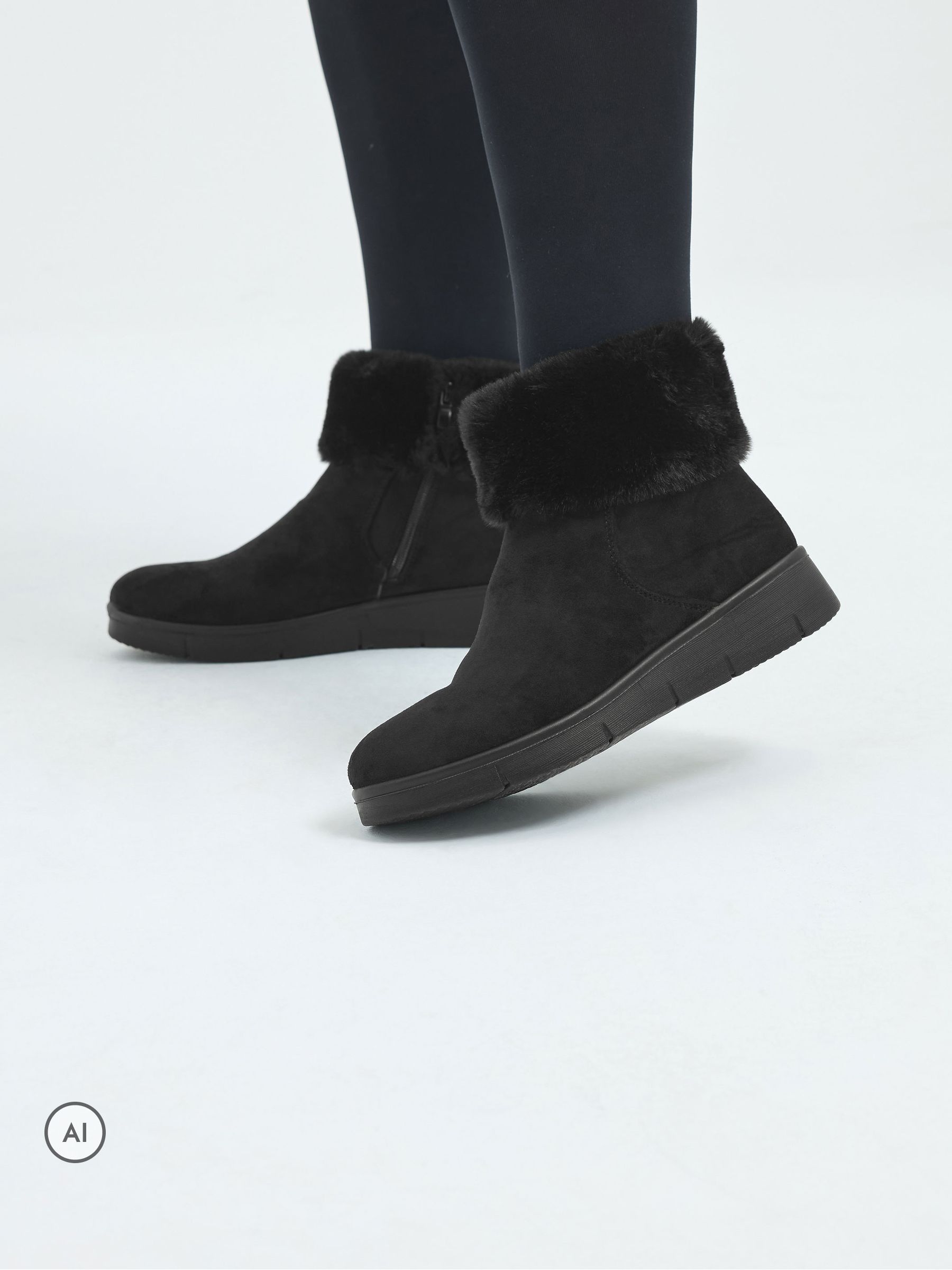 Yours Curve Women's Black Wide Fit Faux Suede Fur Ankle Boots