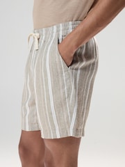 Neutral Elasticated Waist Linen Blend Stripe Shorts - Image 4 of 9