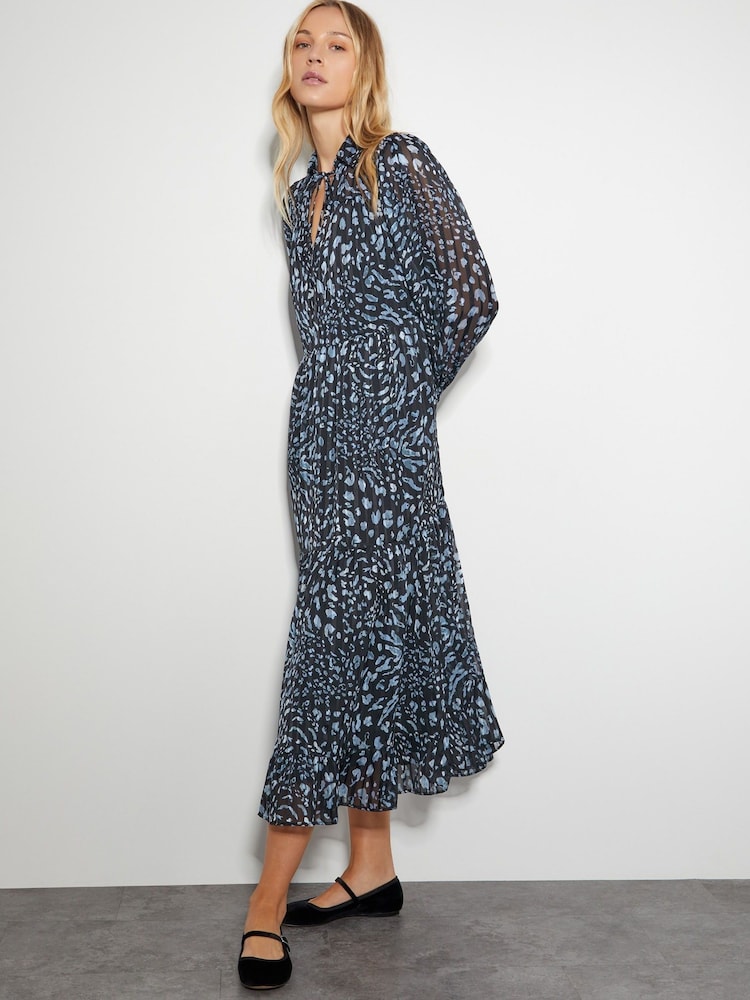 Monsoon Black Diane Long Sleeve Leopard Print Midi Dress - Image 1 of 4