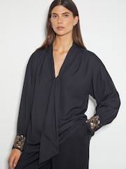 Monsoon Black Ann Pussybow Embellished Blouse - Image 2 of 3