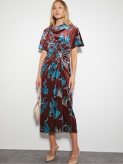 Monsoon Brown Sassa Floral Velvet Cowl Midi Dress - Image 1 of 4