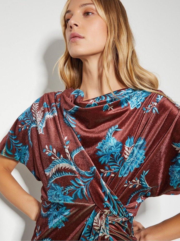 Monsoon Brown Sassa Floral Velvet Cowl Midi Dress - Image 2 of 4