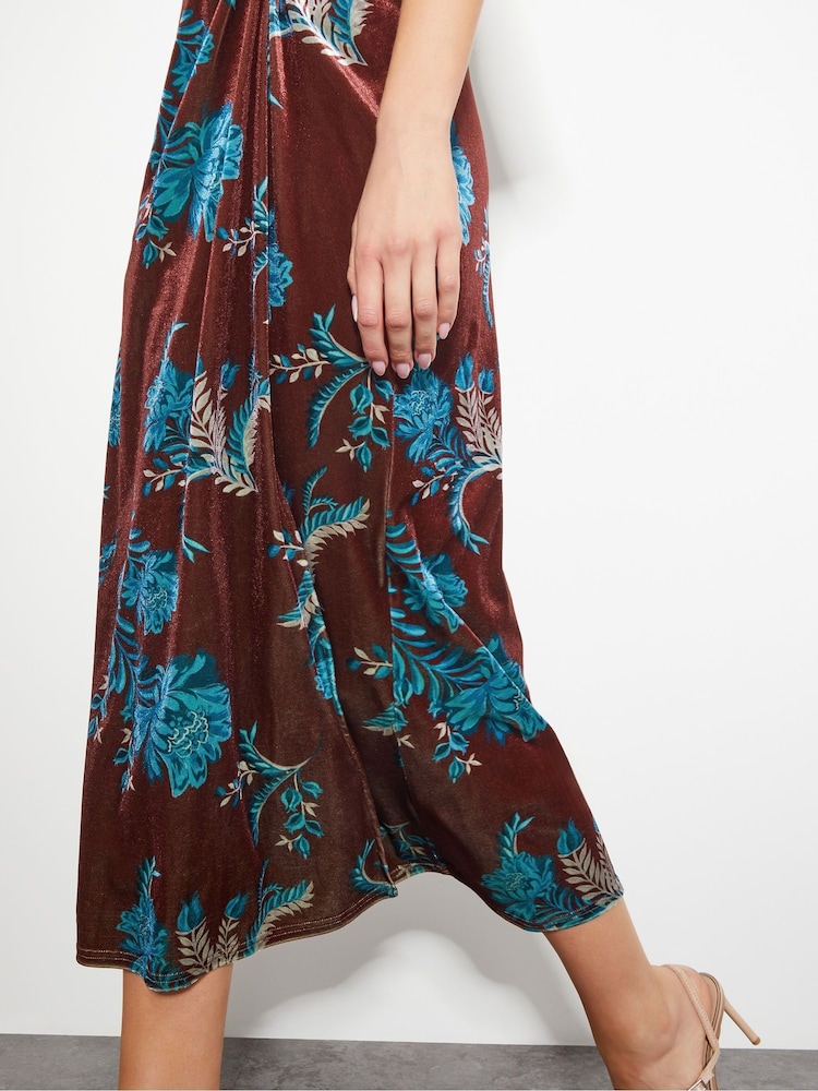 Monsoon Brown Sassa Floral Velvet Cowl Midi Dress - Image 4 of 4
