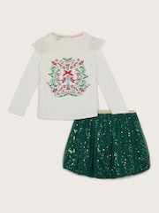Monsoon Green Long Sleeve Christmas Wreath Top and Skirt Set - Image 1 of 3