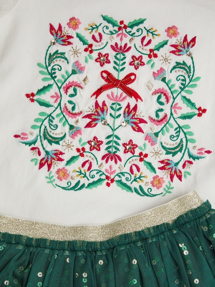 Monsoon Green Long Sleeve Christmas Wreath Top and Skirt Set - Image 3 of 3
