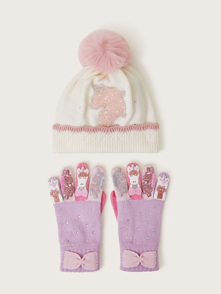 Monsoon Natural Sparkly Unicorn Winter Beanie Hat and Gloves Set - Image 1 of 3