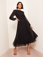 Friends Like These Black Pleated Chiffon Flutter Sleeve Midi Dress - Image 1 of 5