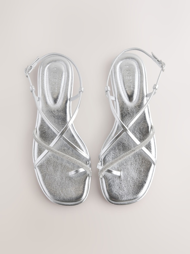 Silver Metallic Standard/Wide Fit Forever Comfort® Strappy Bling Toe Loop Sandals - Image 1 of 8