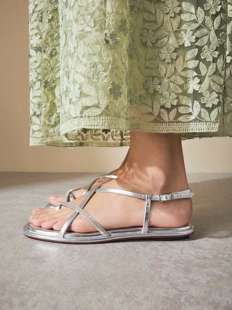 Silver Metallic Standard/Wide Fit Forever Comfort® Strappy Bling Toe Loop Sandals - Image 2 of 8