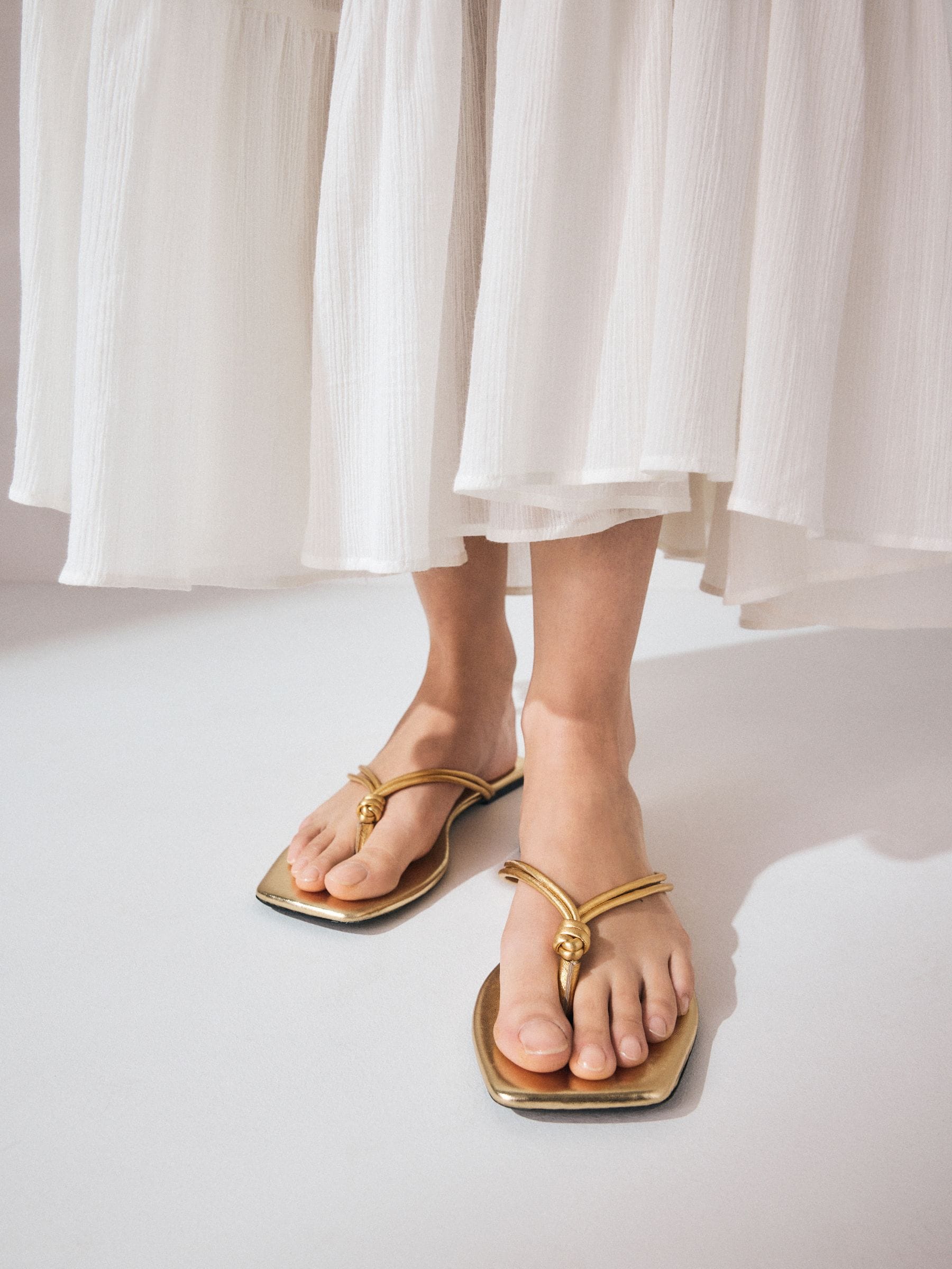 Buy Gold Leather Standard/Wide Fit Square Toe Knotted Toe Thong