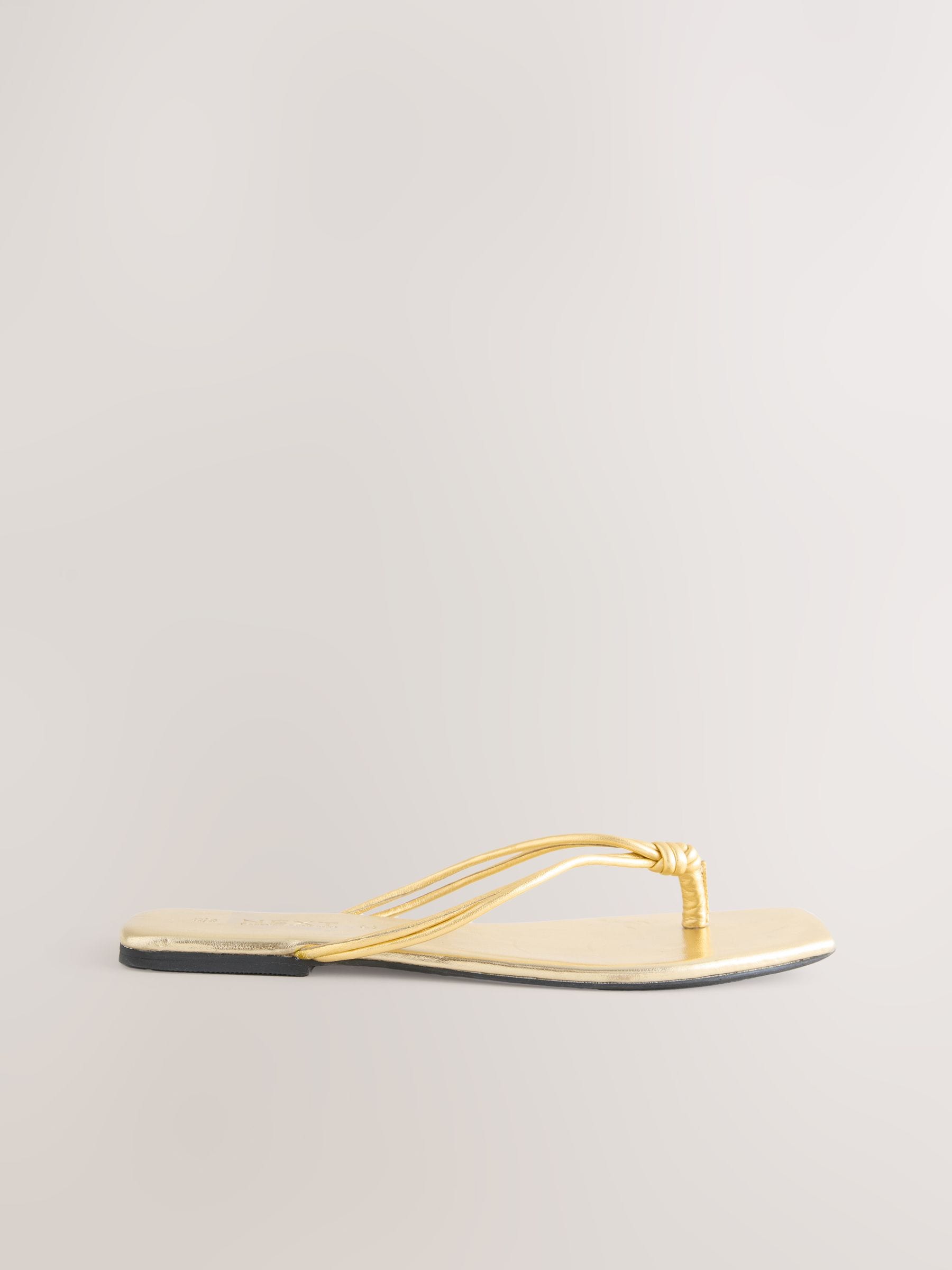 Buy Gold Leather Standard/Wide Fit Square Toe Knotted Toe Thong