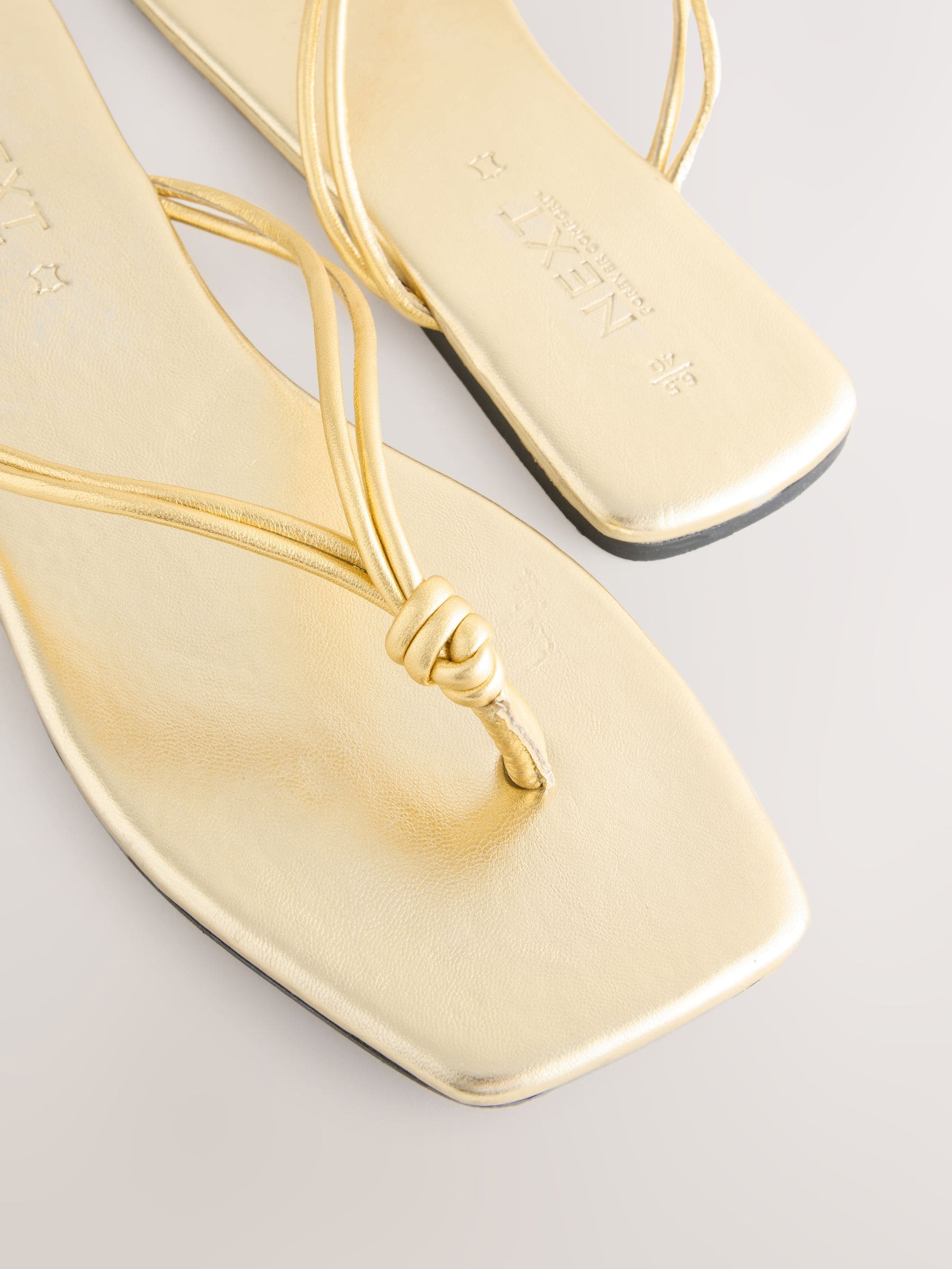 Buy Gold Leather Standard/Wide Fit Square Toe Knotted Toe Thong