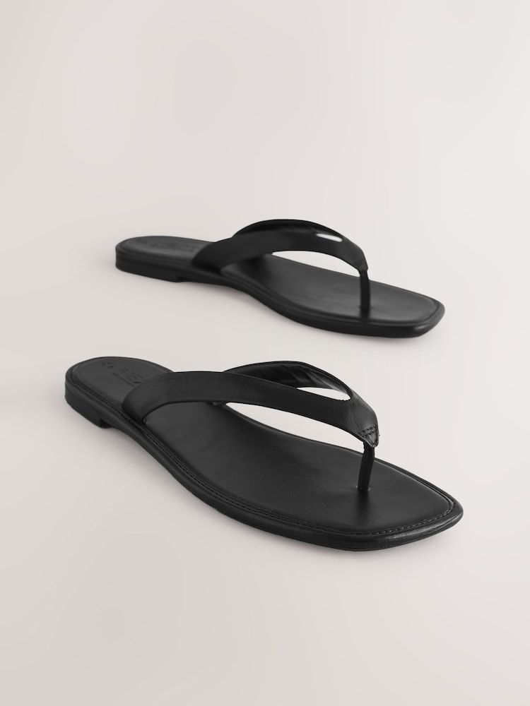 Black Leather Extra Wide Fit Forever Comfort® Square Toe Thong Sandals - Image 3 of 6