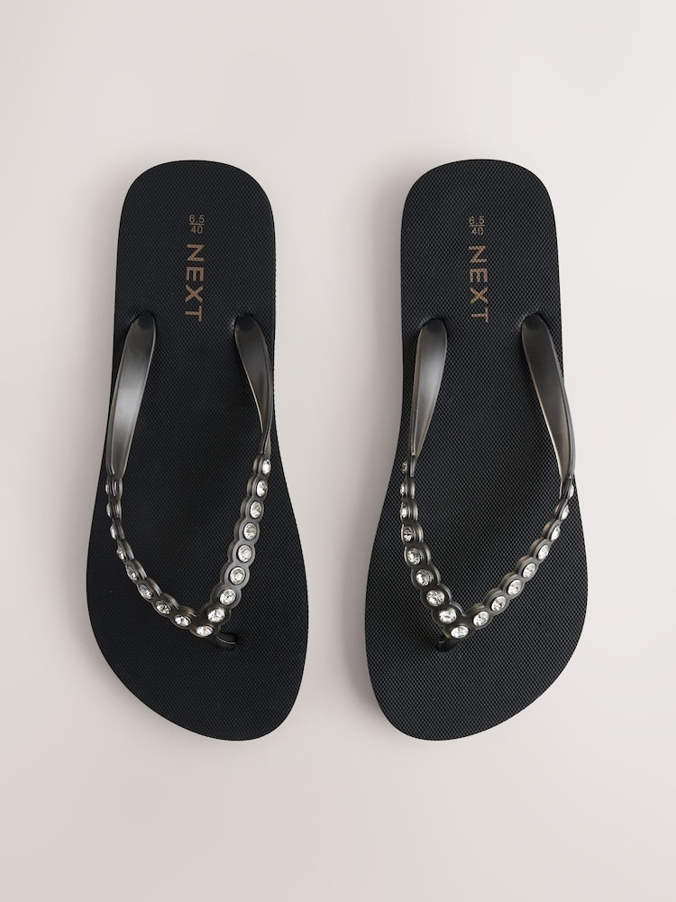 Black Jewelled Beach Flip Flops - Image 1 of 8