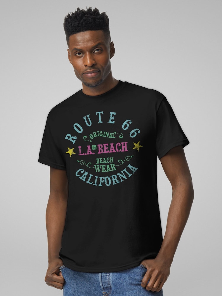 All + Every Black Route 66 LA Beach Wear Mens 100% Cotton T-Shirt - Image 1 of 4