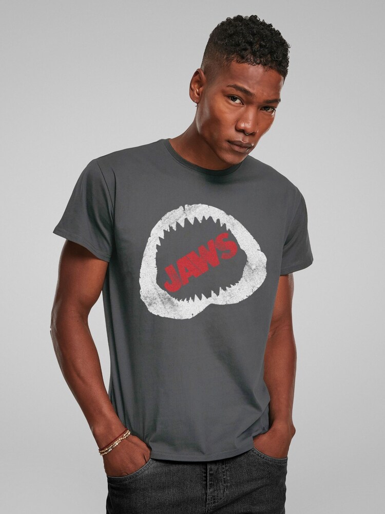 All + Every Grey Jaws Bite Red Text Mens 100% Cotton T-Shirt - Image 1 of 4