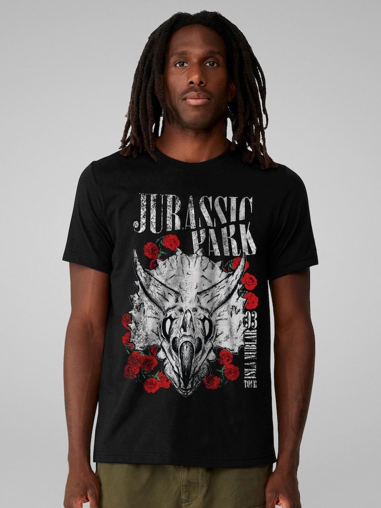 All + Every Black Universal Jurassic Park Triceratops Roses Mens 100% Cotton T-Shirt - Image 1 of 4