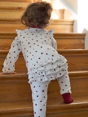 Polarn O. Pyret White Organic Cotton Blend Ruffled Heart Print Leggings - Image 1 of 4