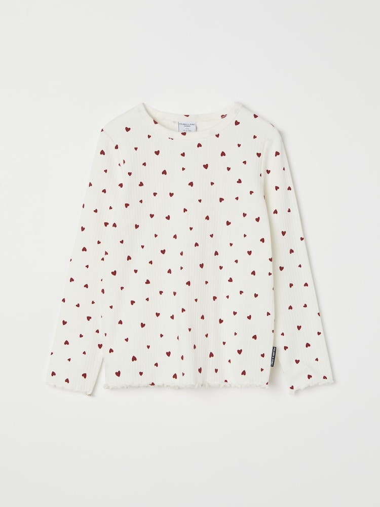 Polarn O Pyret White Organic Cotton Heart Print Ribbed Top - Image 1 of 4