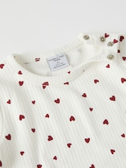 Polarn O Pyret White Organic Cotton Heart Print Ribbed Top - Image 3 of 4