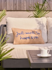 Blue Indoor Outdoor Jute Sun Slogan Cushion - Image 1 of 6