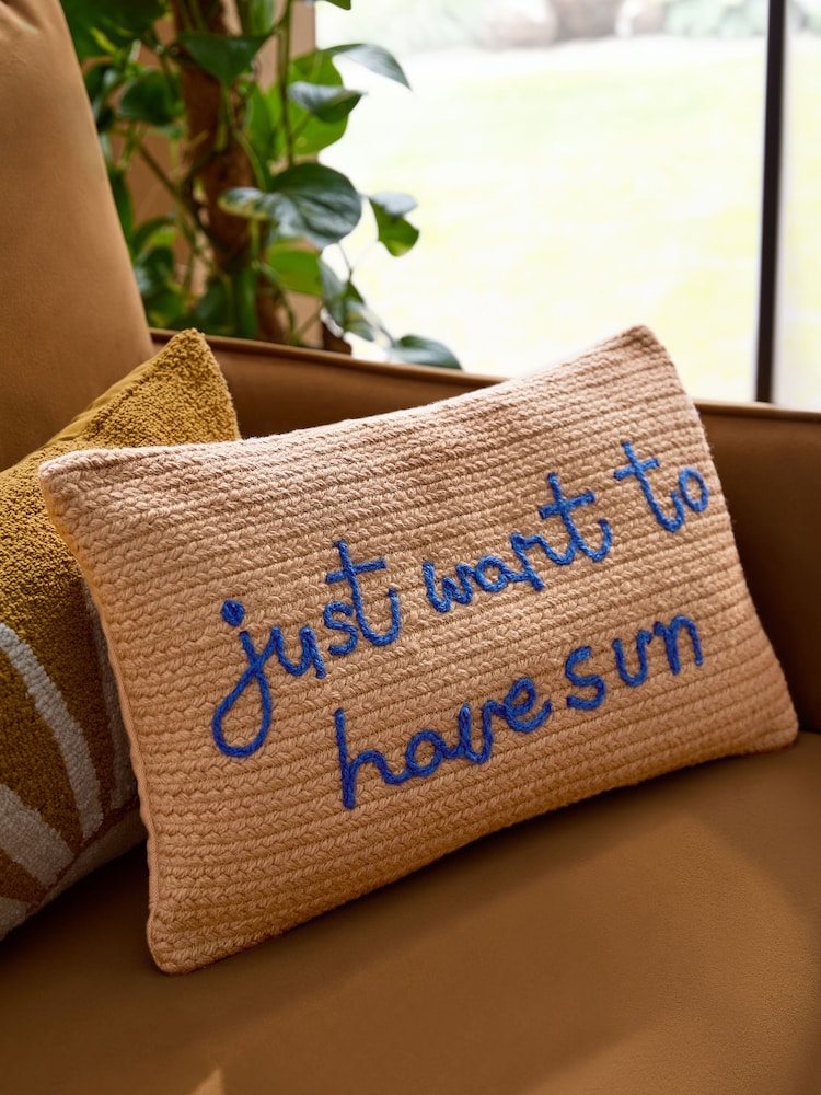 Blue Indoor Outdoor Jute Sun Slogan Cushion - Image 2 of 6