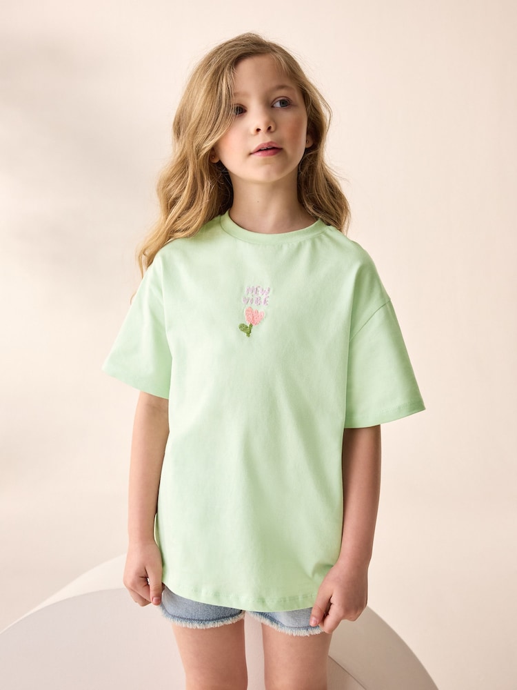 Mint Green Flower Embroidery Oversized Graphic Print T-Shirt (3-16yrs) - Image 2 of 8