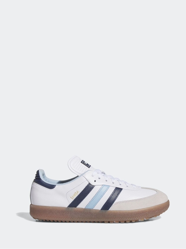 adidas Golf White/Blue Samba Spikeless Golf Trainers - Image 1 of 8