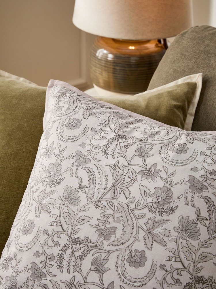 Grey Woodblock Floral Cushion - Image 2 of 5